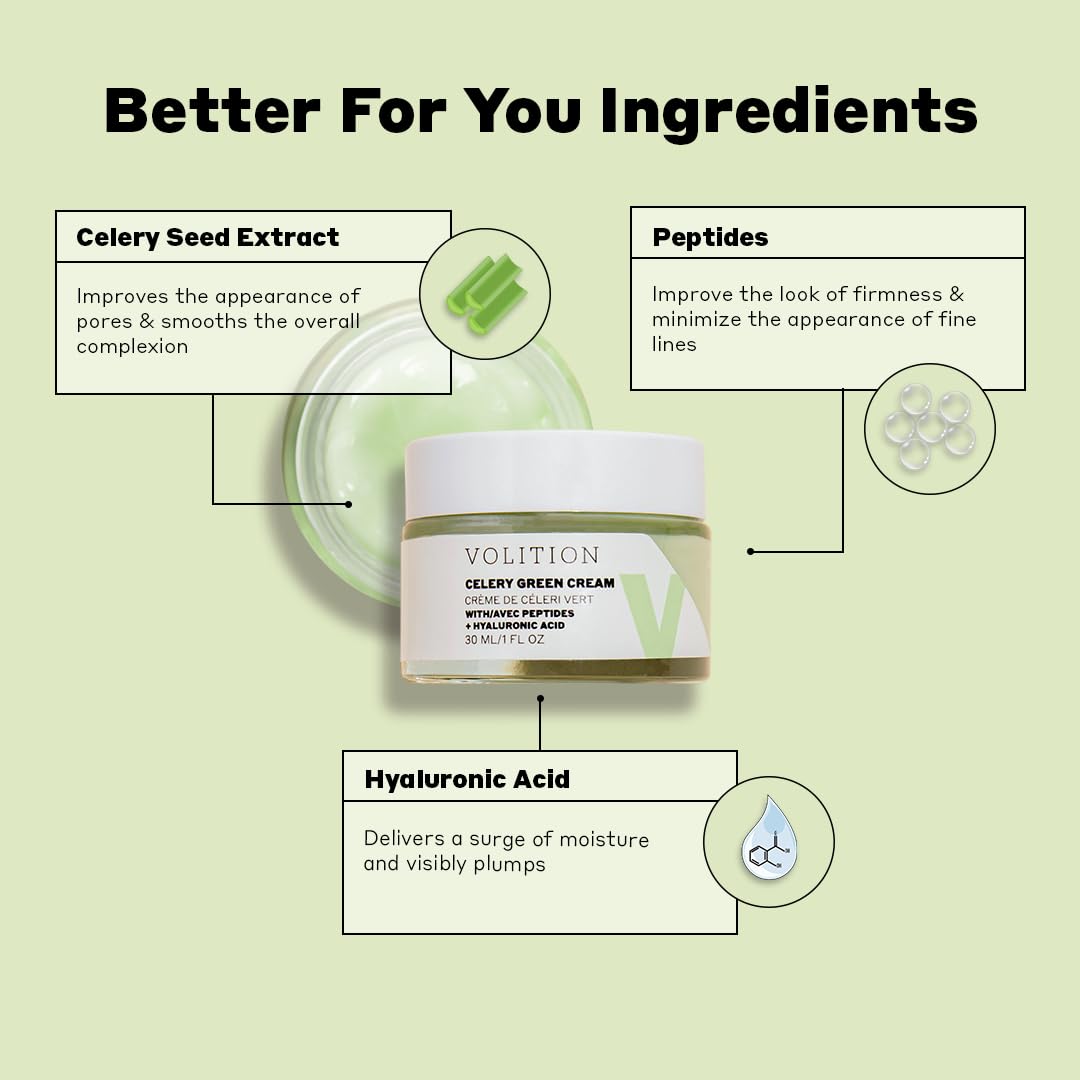 Volition Beauty Celery Green Cream with Hyaluronic Acid + Peptides - Purifies, Minimizes Pores and Controls Oil - 1oz