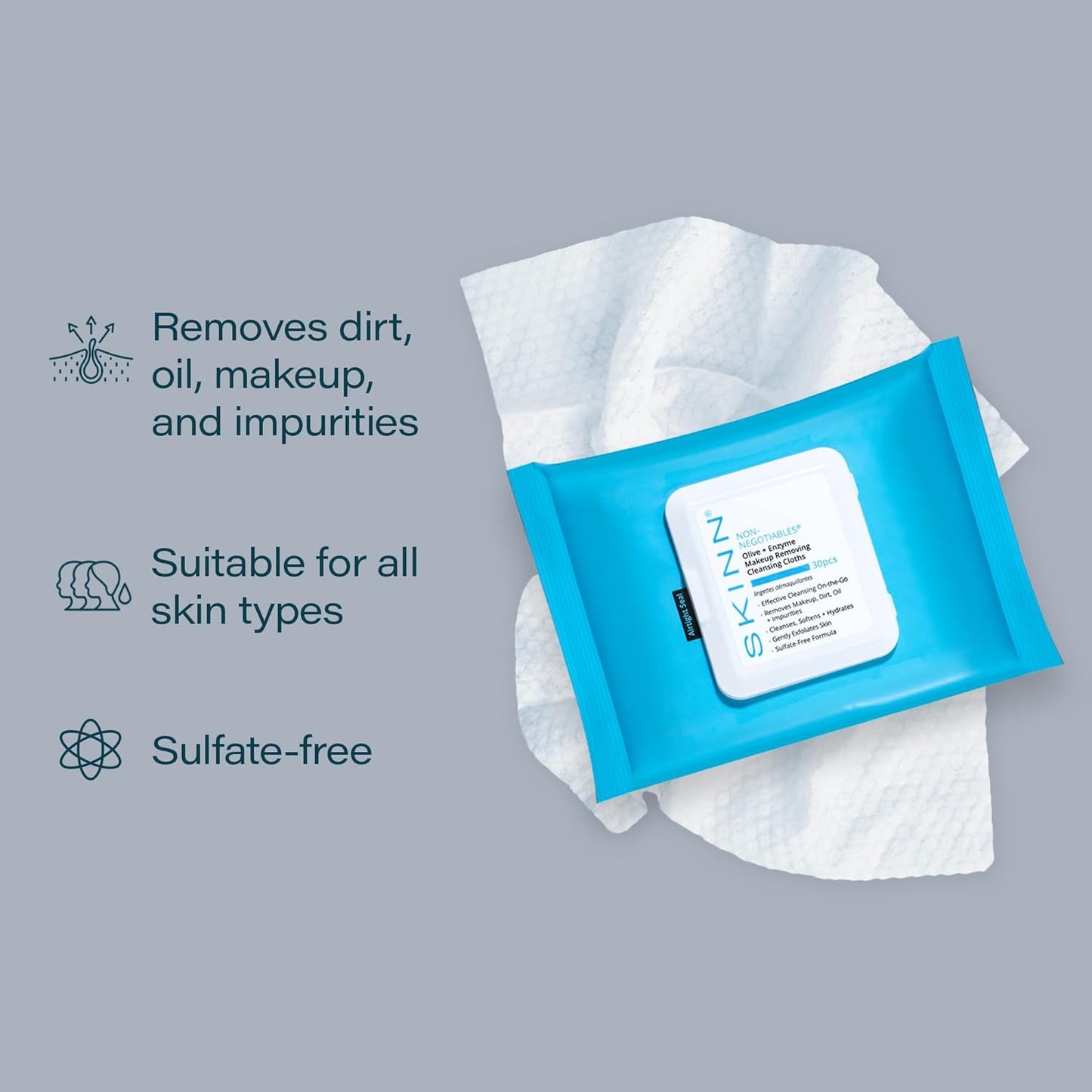 SKINN Facial Cleansing Wipes - Hydrating Makeup Remover for Waterproof Mascara | Gentle Exfoliating Towelettes