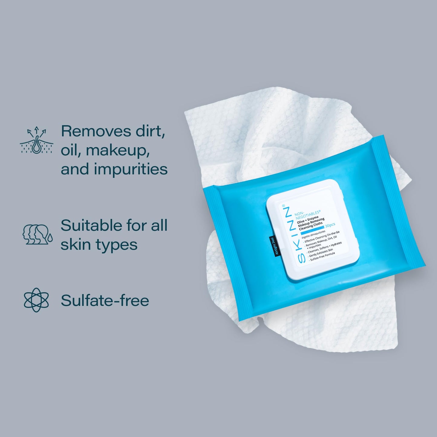 SKINN Facial Cleansing Makeup Remover Wipes - Hydrating Makeup Removing Cloths for Waterproof Mascara, Makeup, Oil, & Dirt - Disposable Face Towelettes that Gently Exfoliates, Cleanses, & Softens Skin