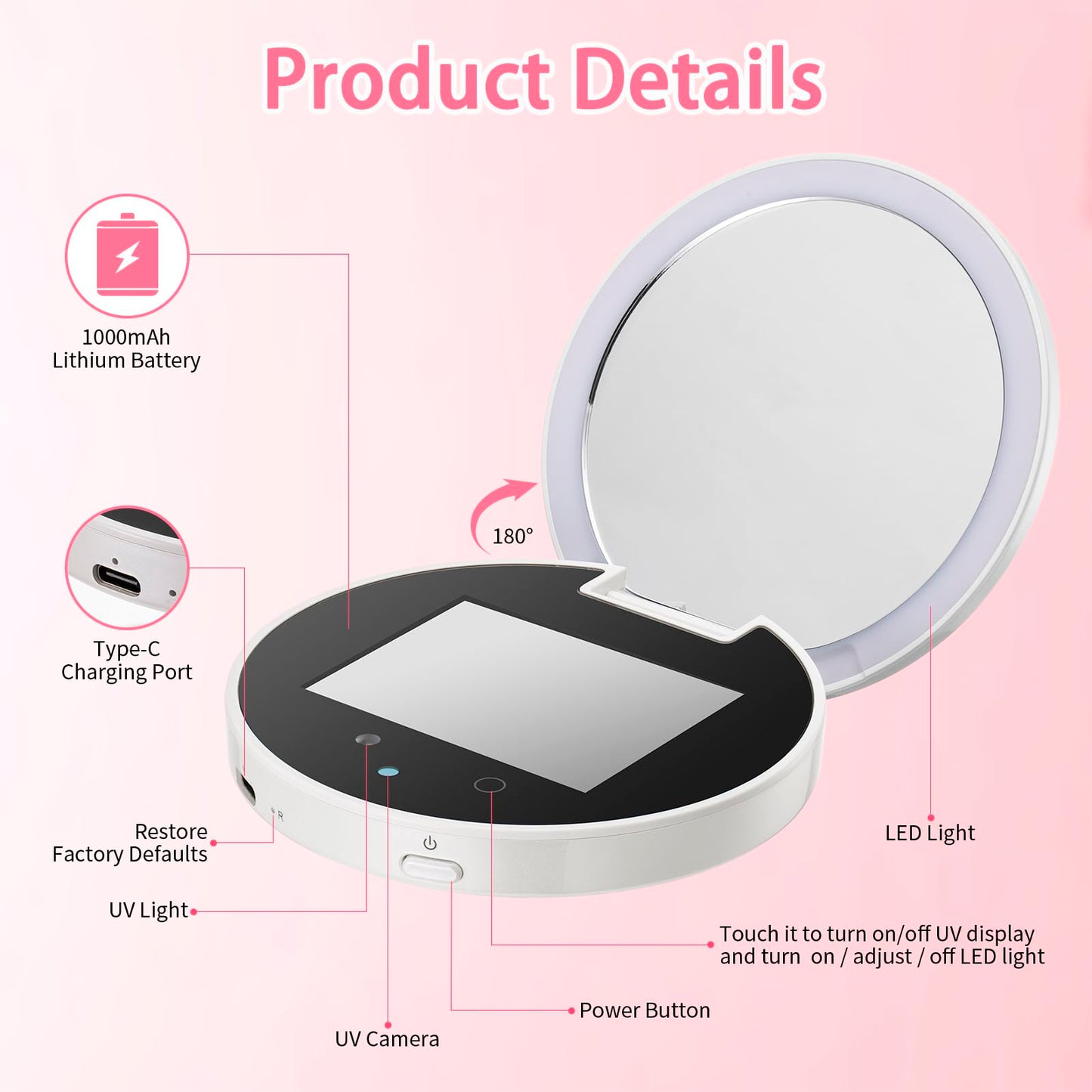 DESCHEN UV Camera Mirror for Sunscreen Test, 2X Makeup Mirror with Lights and Magnification, Rechargeable 3.8 Inch Portable Pocket Mirror for Skin Protection