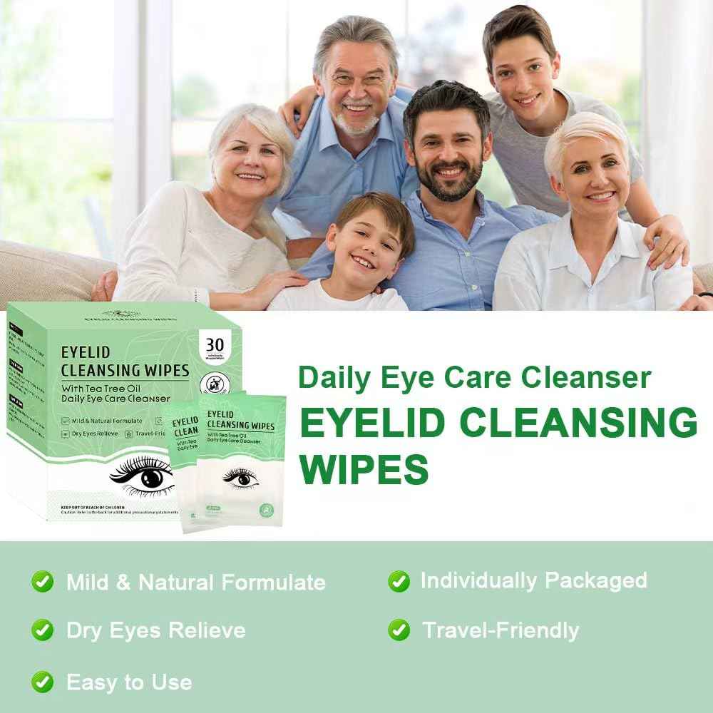 30 Count Eyelid Wipes, Gentle Eyelid Cleansing Wipes with Tea Tree Oil, Moisturizing Eye Wipes for People with Dry Eyes, Itchy, Styes & Blepharitis, Eyelid & Lash Wipes Individually Wrapped for Travel