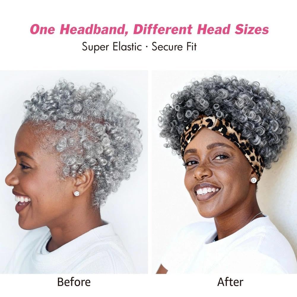 Allyreetress Salt and Pepper Headband Wig Short Curly Wigs with Headbands Attached for Black Women Synthitic Kinky Curly Afro Puff No Drawstring Wig Headwrap Hairstyles With 2 Clips(T1B/Grey)