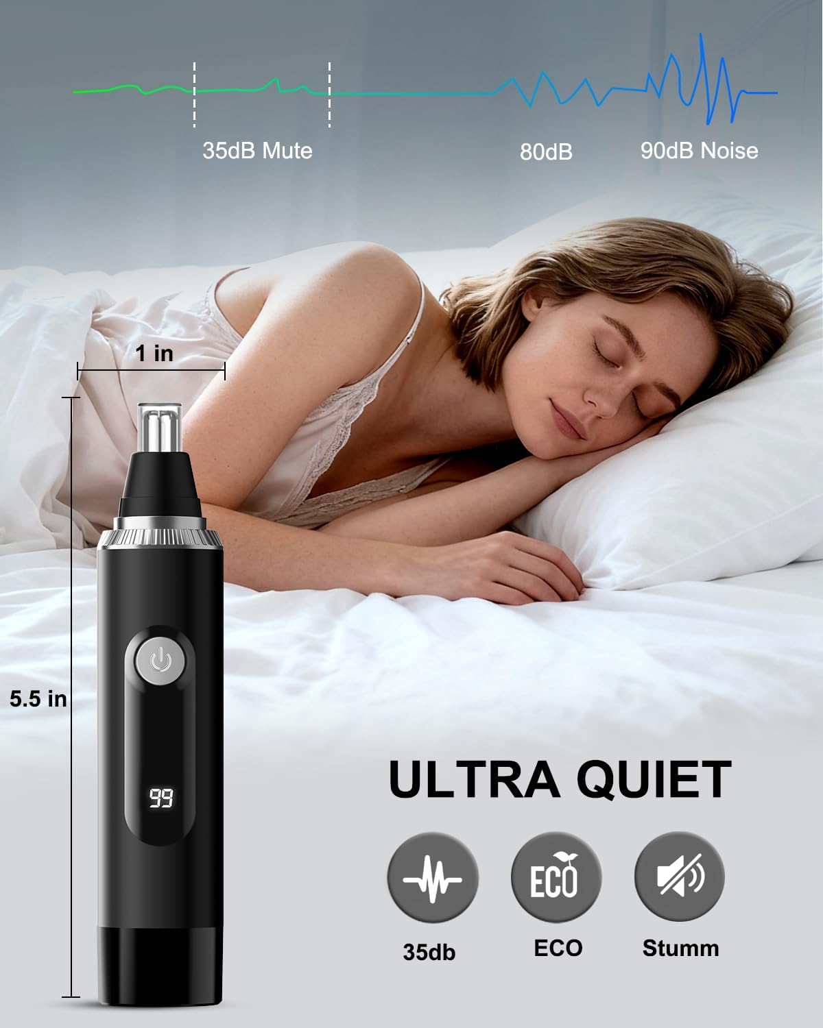 Nose Hair Trimmer | Professional Painless IPX7 Waterproof Eyebrow & Facial Hair Trimmer - USB Rechargeable with LED Display, Black/Silver