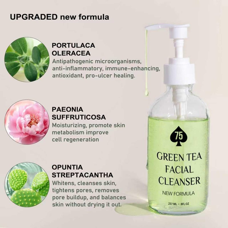 Green Tea Face Wash - Hydrating Facial Cleanser with Vitamins A, C, E & Kale Extract | Vegan, pH-Friendly, 237ML/8 oz