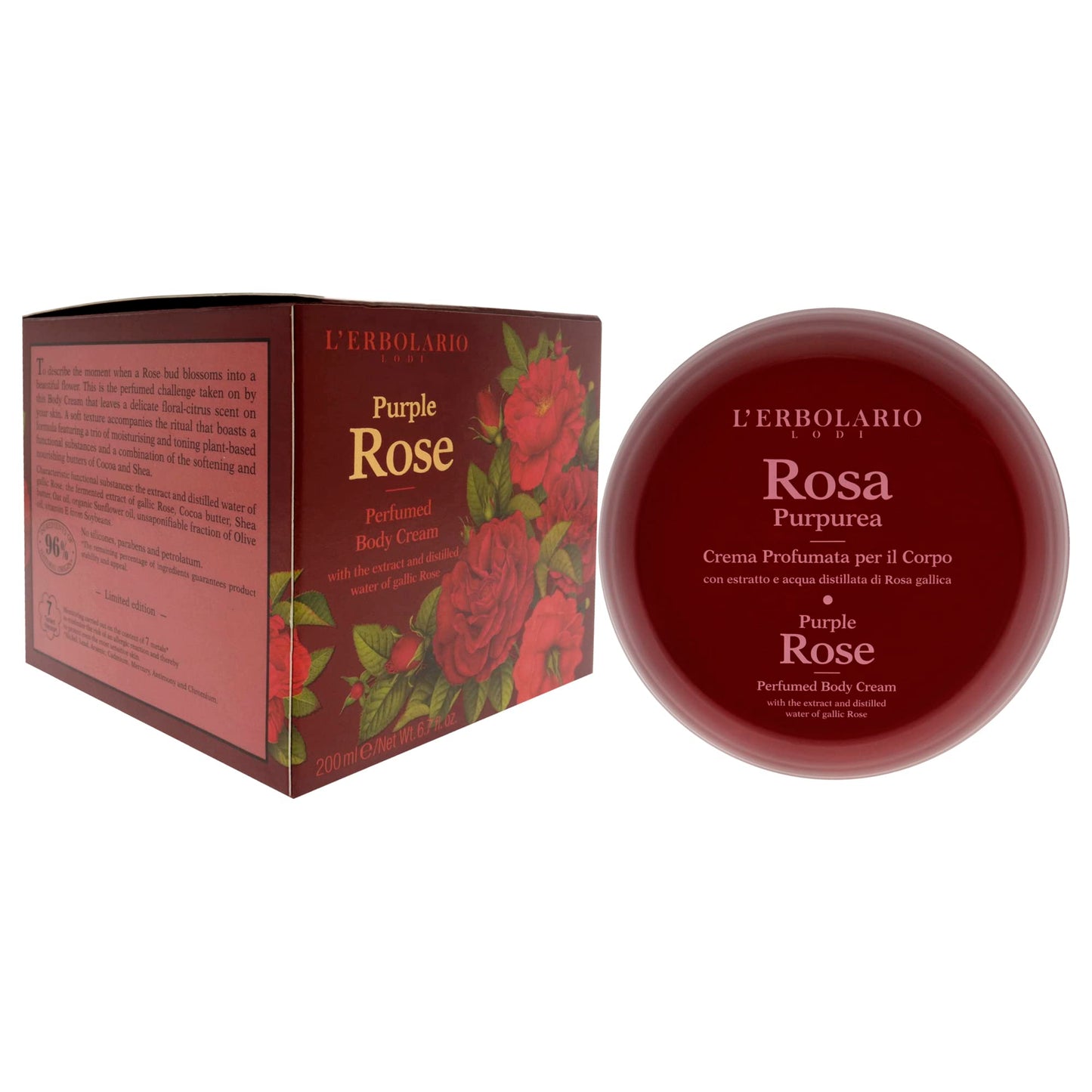 L'Erbolario Perfumed Body Cream – Moisturizing Body Butter for Dry Skin – Invigorating and Softening Skin Care with Gallic Rose – Purple Rose - 6.7 oz