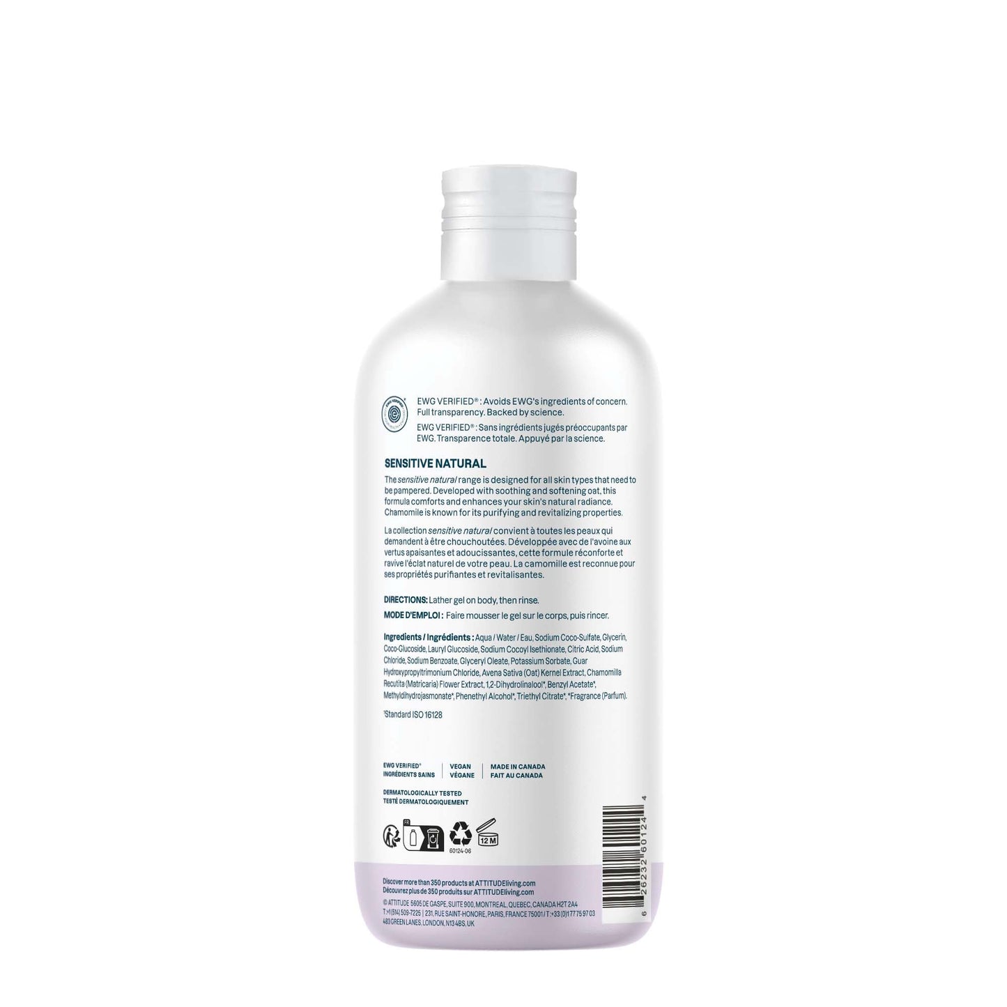 ATTITUDE Body Wash for Sensitive Skin with Oat and Chamomile, EWG Verified, Dermatologically Tested, Vegan, 16 Fl Oz
