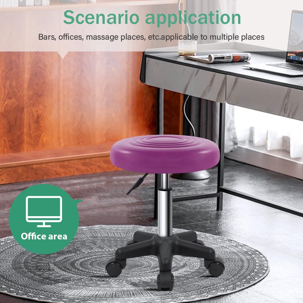 FURWOO Round Swivel PU Leahter Rolling Stool with Wheels Height Adjustable Chair for Spa Salon Massage Purple