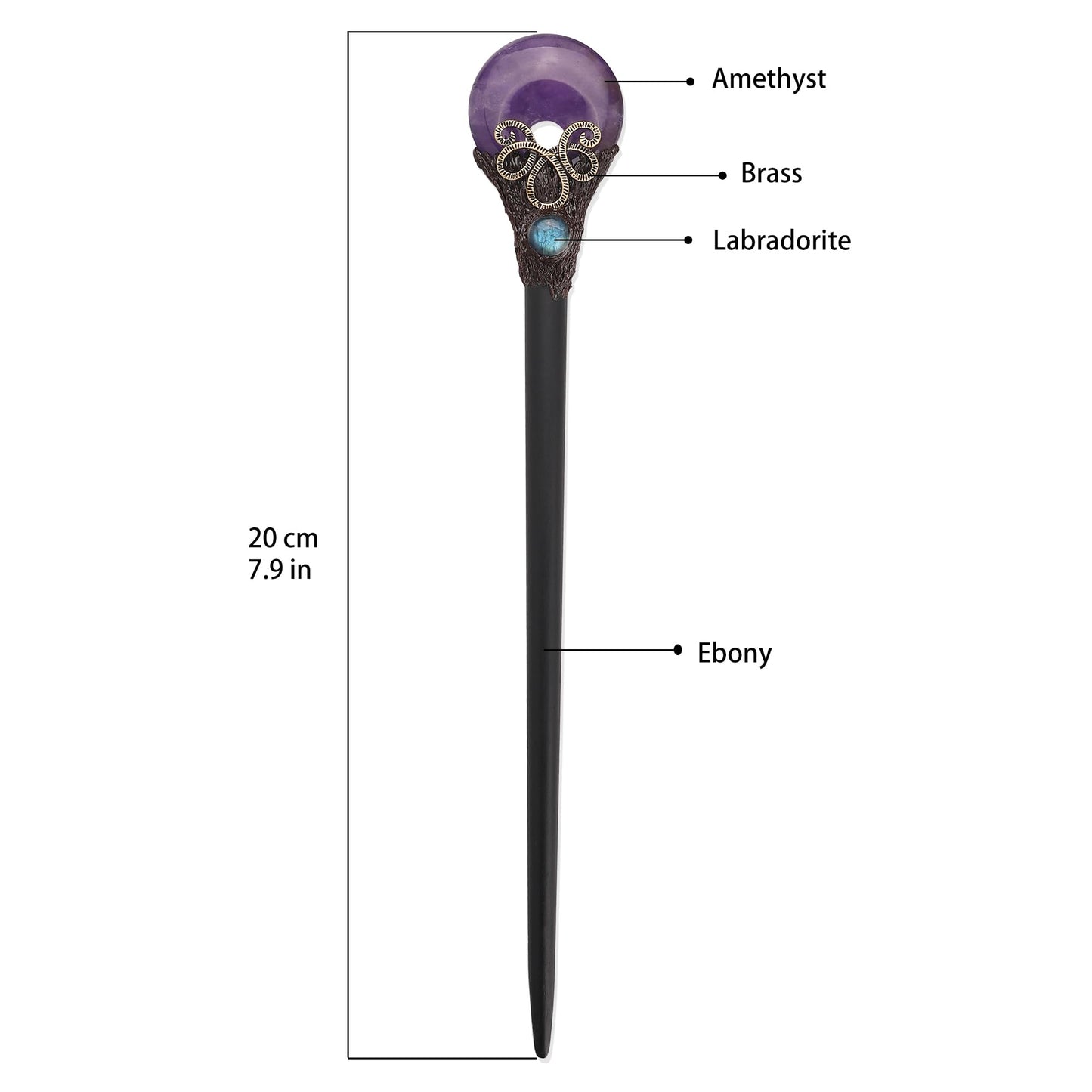 Ebony Wood Chopstick Hairpin Hair Fork Crystal Amethyst Labradorite Handcraft Gift for Her