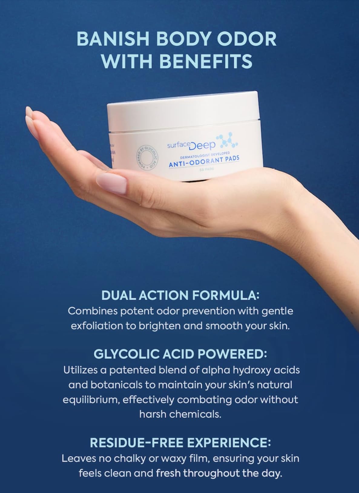 Surface Deep Anti-Odorant Pads – Deodorant Odor Prevention & Skin Care in One | 50 Pads in Jar | Dermatologist-Developed | Glycolic Acid Exfoliation | Aluminum-Free, Vegan & Cruelty-Free