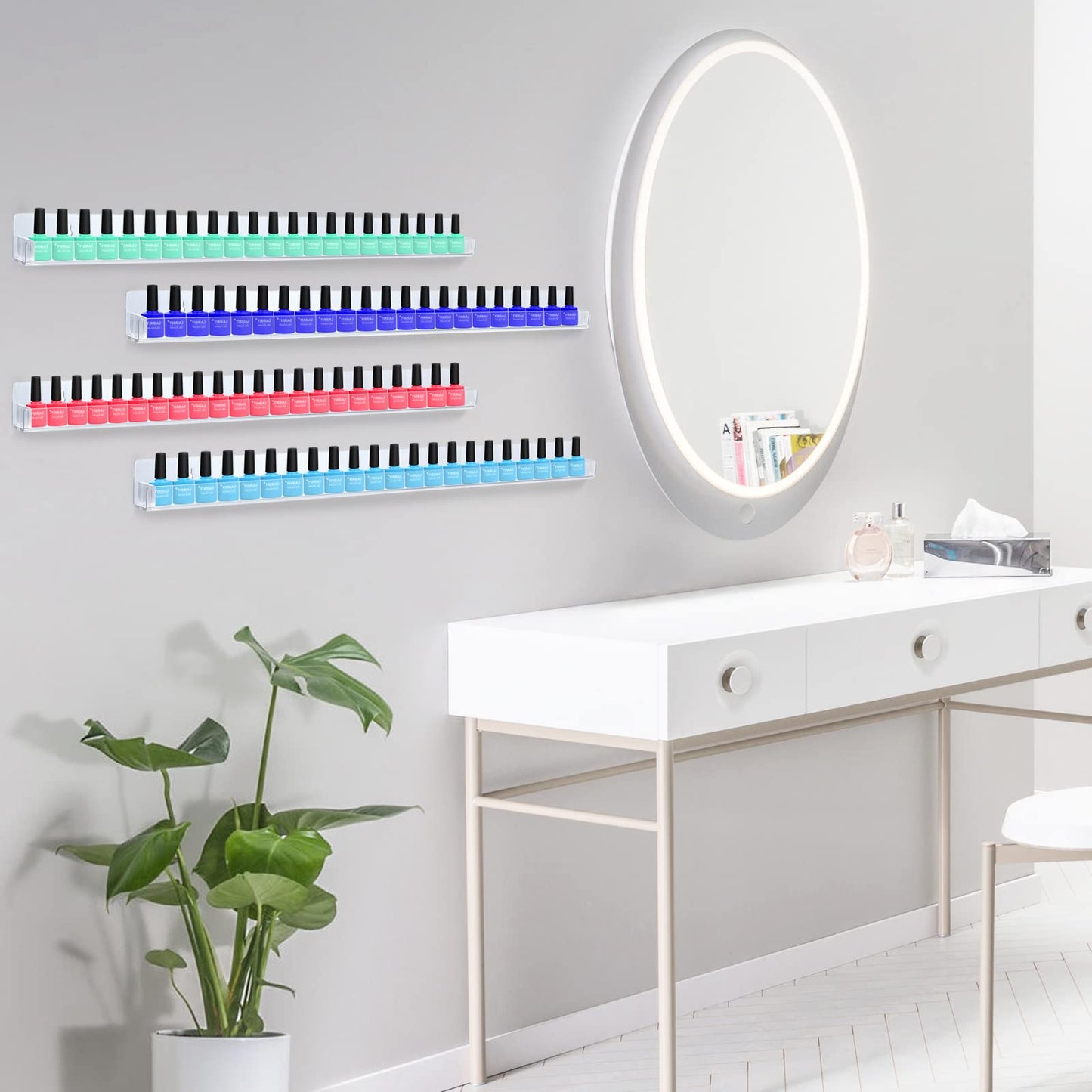 trophable 24in Nail Polish Rack Wall Mounted Shelf with Removable Anti-Slip End Inserts, 6 Pack Clear Acrylic Nail Polish Organizer Wall Rack Display 150 Bottles