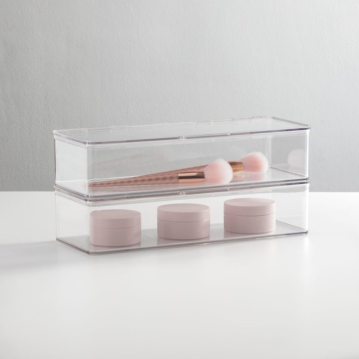 Makeup Storage Organizer Box - Stackable Clear Container for Vanity | Holds Blenders, Palettes & Brushes - 2 Pack