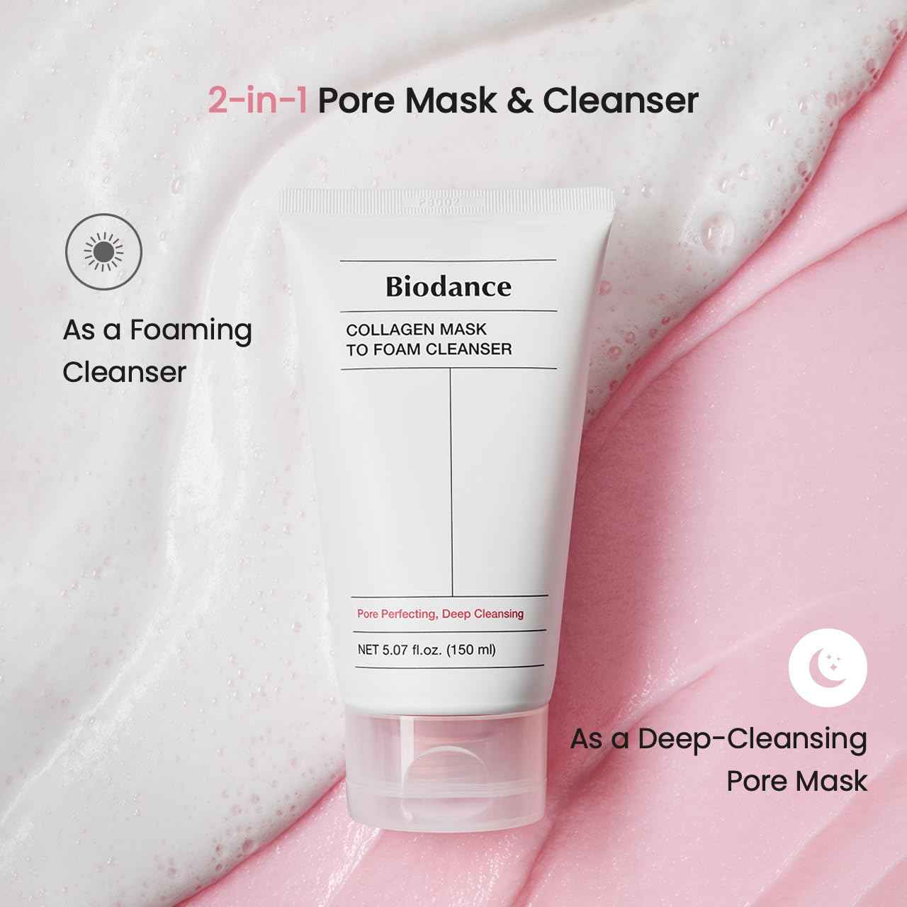 BIODANCE Collagen Mask To Foam Cleanser, Pink Face Wash for Women, 2-in-1 Pore Mask and Hydrating Foaming Facial Cleanser for Sensitive Skin, Oily Skin, Korean Skincareㅣ5.07 fl. oz. (150 ml)