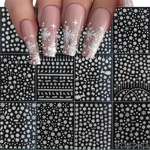 12 Sheets Christmas Nail Stickers Decals White Snowflake Nail Art Decals Snowman Reindeer Nail Art Stickers 3D Self Adhesive Nail Supplies Charm for Women Christmas Nails Decoration
