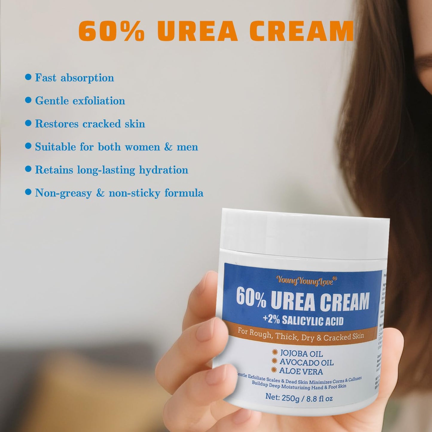 Urea Cream 60 percent for Feet Maximum Strength with 2% Salicylic Acid for Dry Cracked, Soothes and Softens Foot Hands Elbows Knees Heels, Remove Calluses Deep Moistrizing with Aloe Vera, 8.8 oz