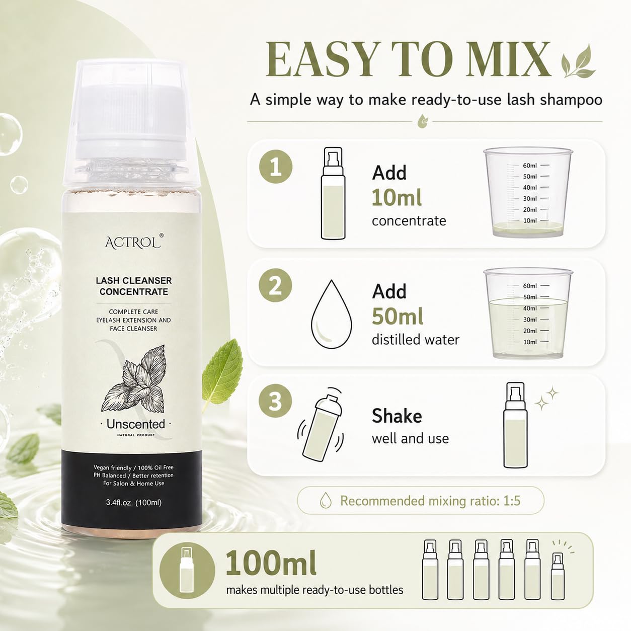 ACTROL Lash Shampoo Concentrate for Lash Extensions, 100ml Advanced Formula Foaming Eyelash Cleanser Concentrate Professional Salon Lash Bath Wash - Makes Multiple Bottles