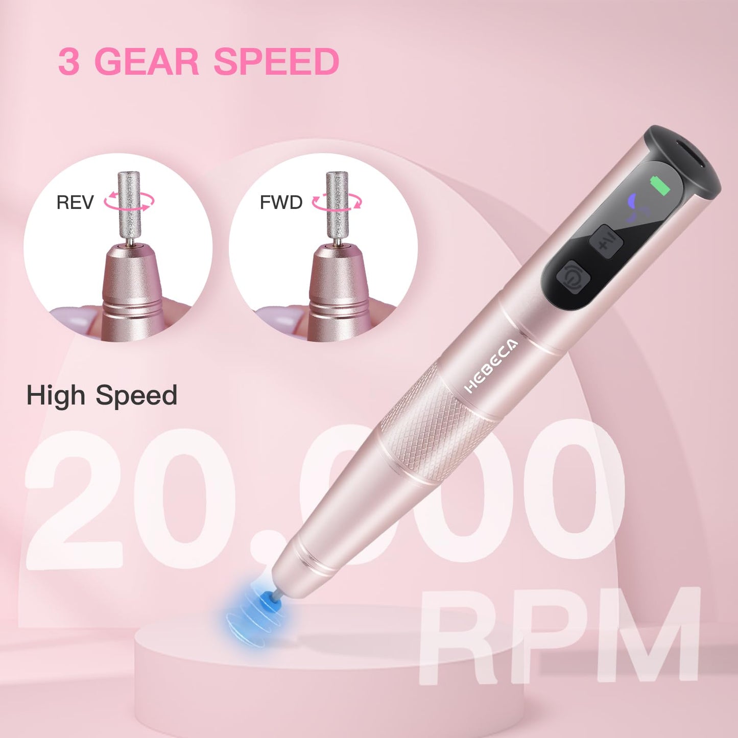HEBECA Cordless Nail Drill Set, Electric Nail Files and Buffers Drill Nails for Natural or Acrylic Gel Nails - Rechargeable Nail File Nail Drill Machine Manicure Nail Dremel Kit (Gold)