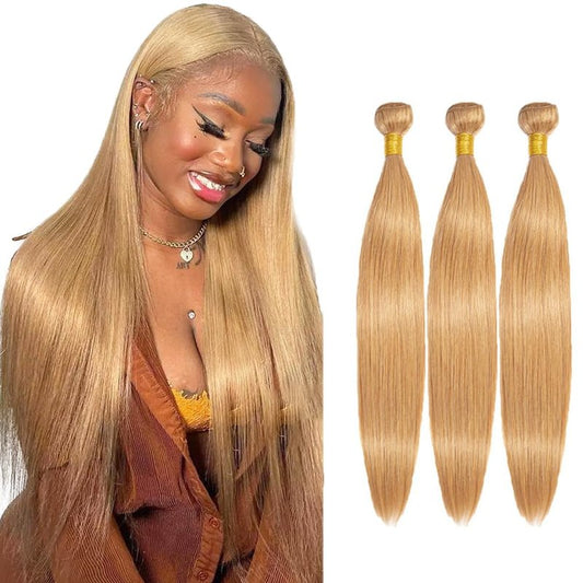 #27 Blonde Bundles Straight Bundles Human Hair 14 16 18 Inch FuivJuix Unprocessed Brazilian Virgin Hair Honey Blonde Straight Bundle Human Hair Extensions 3 Bundle 150 Gram