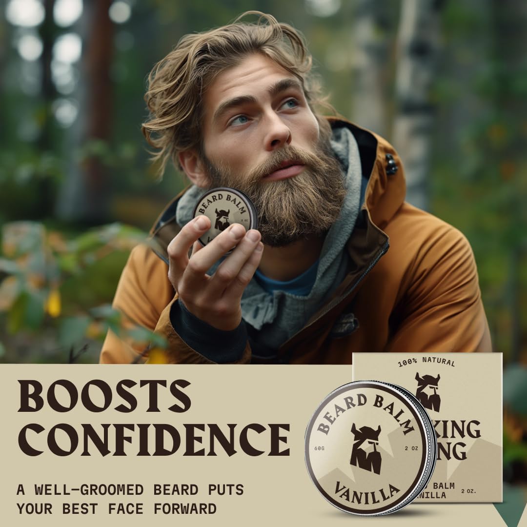 Striking Viking Beard Balm for Men - 2 oz, Vanilla Scent - Light Hold Moisturizer & Beard Conditioner for Men That Softens & Nourishes Coarse Facial Hair with Shea Butter & Tea Tree Oil
