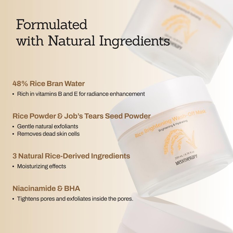 MEDITHERAPY Rice Wash-Off Mask - Korean Glass Skin Face Mask Skincare - Hydrating Rice Clay Mask - Natural Exfoliants Gently Improve Skin Texture, Even Skin Tone, and Restore Radiant Glow, 6.76 fl.