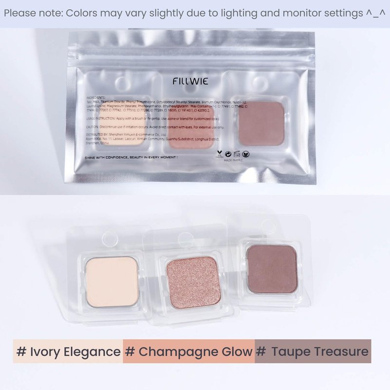 Fillwie 3-Color Single Eyeshadow Refill Set – Ivory, Champagne & Cool Brown, Matte & Shimmer, Highly Pigmented & Long-Lasting, 1.02” (26mm) Square Metal Pans, No Case, Fits Magnetic Palettes