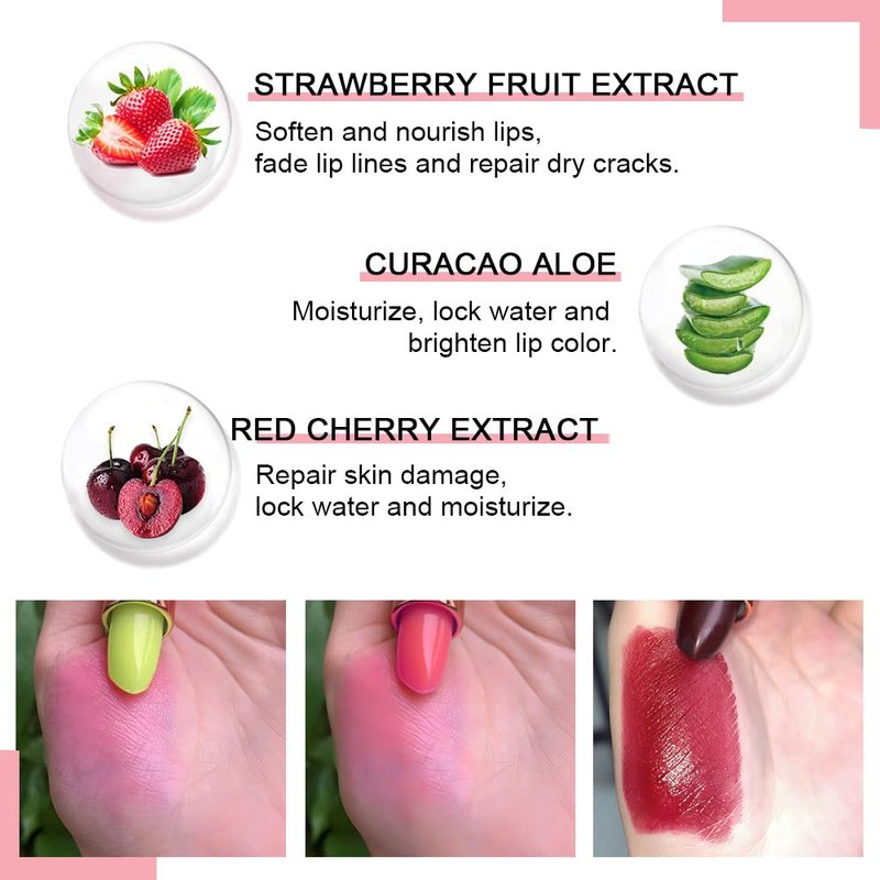evpct 3Pcs Magic Color Changing Lipstick Long Lasting Waterproof 24 Hours Original for Women, Aloe Vera Strawberry Black Red Cherry PH Mood Permanent Color Changing Lipstick Lip Balm, labial magico