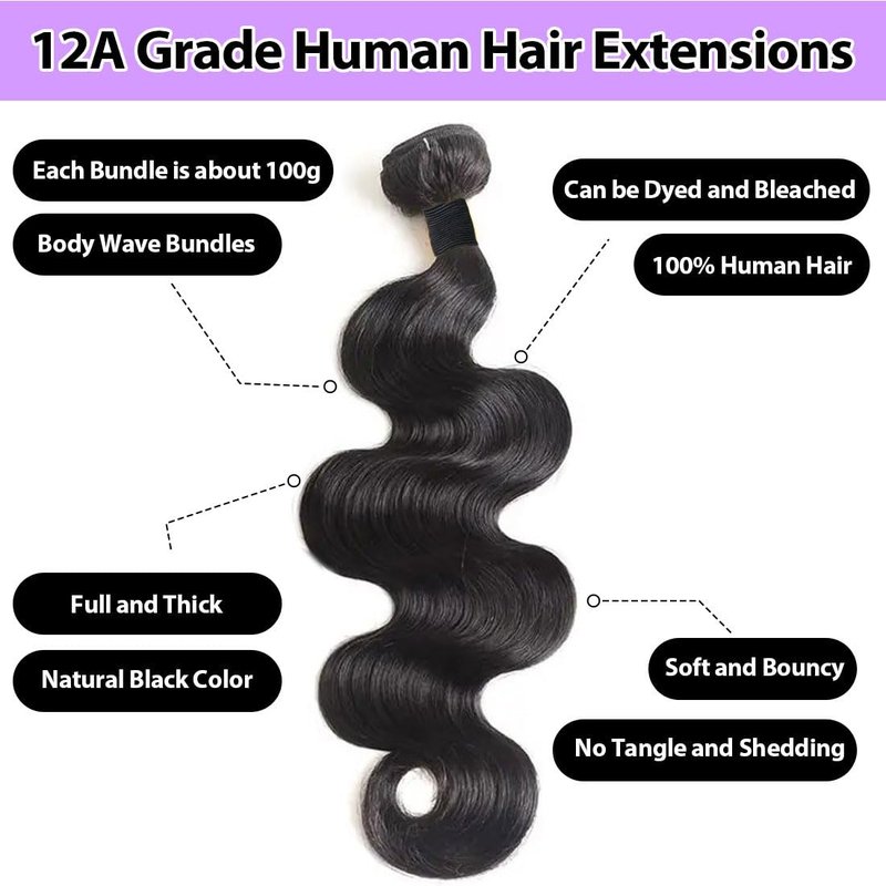 12A Body Wave Bundle - 22 Inch 100% Unprocessed Brazilian Virgin Human Hair Extensions | Natural Black Wavy Thick Weave for Women