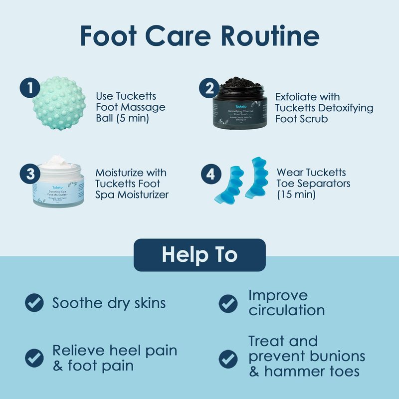 Tucketts Foot Spa Kit for Women - More than a Pedicure Kit with Foot Massage Ball, Toe Separators for Bunions, Charcoal Foot Scrub, Shea Butter Moisturizer for Dry Feet, Self Care Gifts for Women