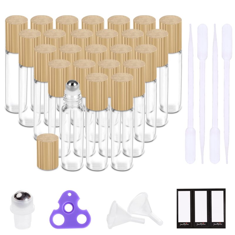 Essential Oil Roller Bottles - 10ml Clear Glass with Bamboo Lid | 24 Pack, Extra Accessories Included