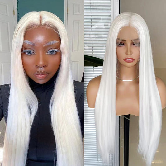COCOFANS Long Silky Straight White Synthetic Lace Front Wigs for Women