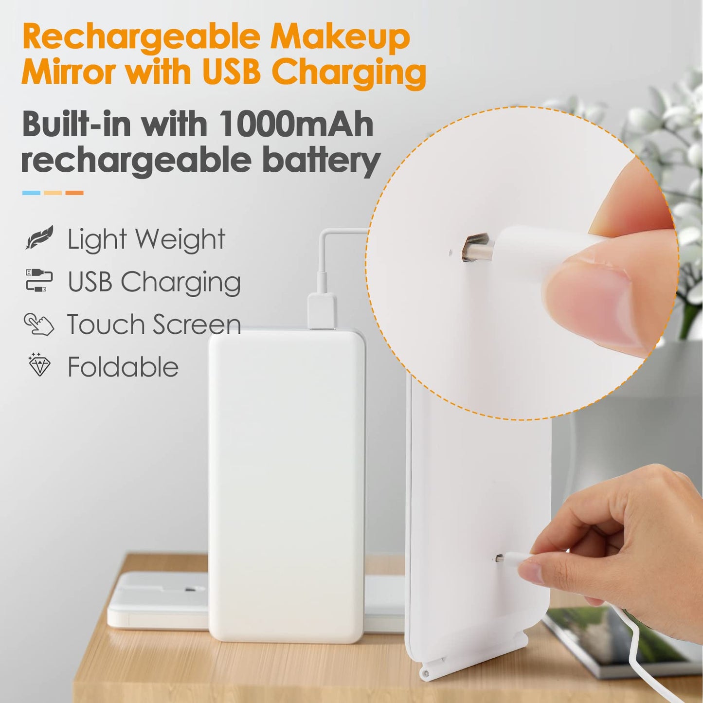DenCert Rechargeable Travel Makeup Mirror 72 LED Lighted Compact Slim Vanity with Lights 3 Lighting Modes Dimmable Touch Screen (White),(DenCert)