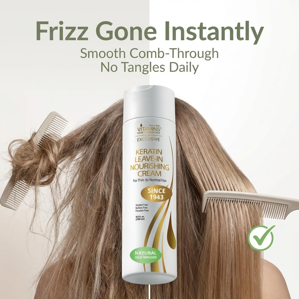 VITAMINS hair cosmetics Keratin Leave In Conditioner for Thin Hair - Lightweight Moisturizer & Hydrating Detangler Cream for Dry Damaged Hair - Frizz Control & Sulfate Free - 8.5 Fl Oz