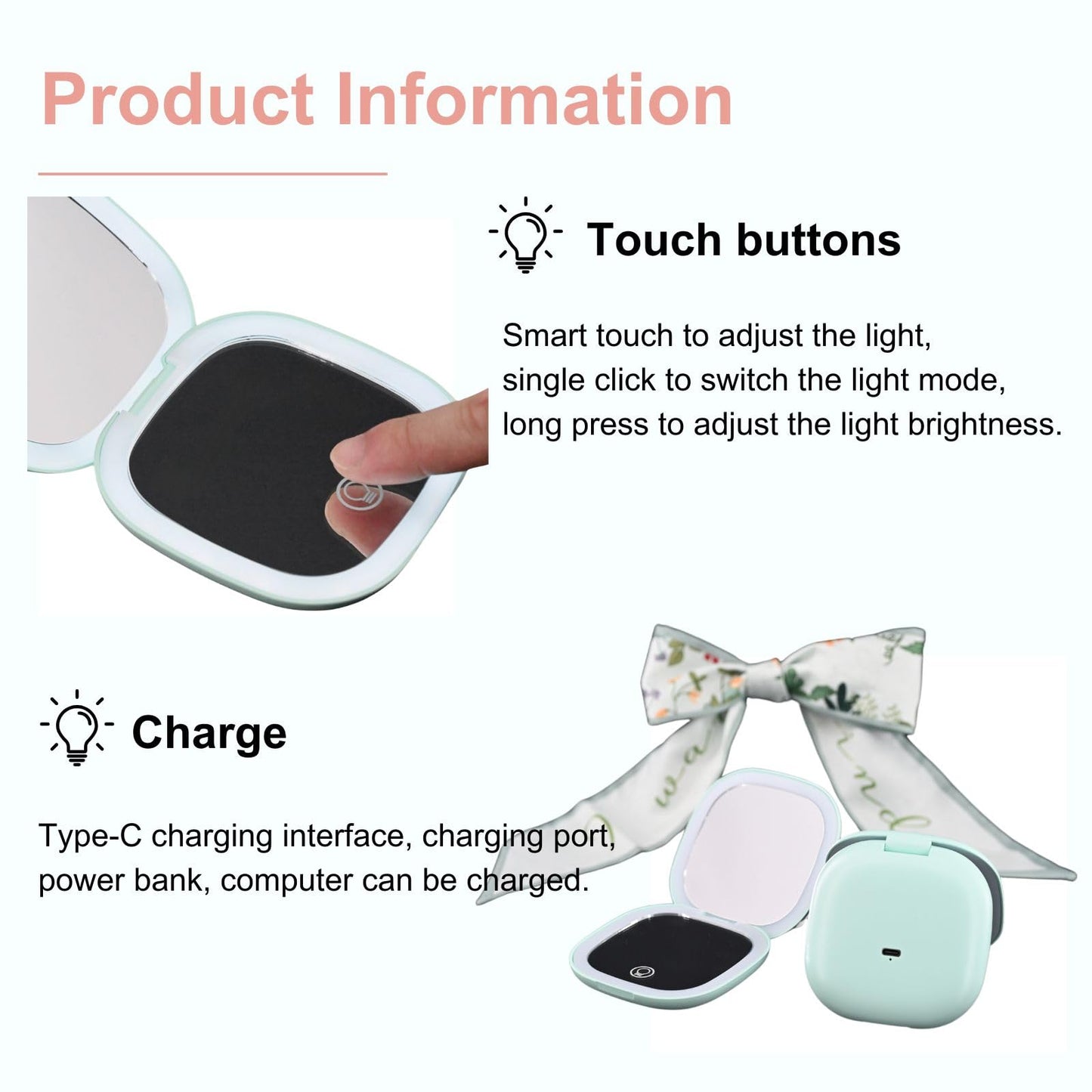 YABAHU Makeup Mirror with Lights - Dual-Sided Green LED Pocket Mirror, 1X/5X Magnifying Travel Mirror, 3 Light Modes, Rechargeable Handheld Mirror for On-The-Go Makeup, Grooming, and Gifts