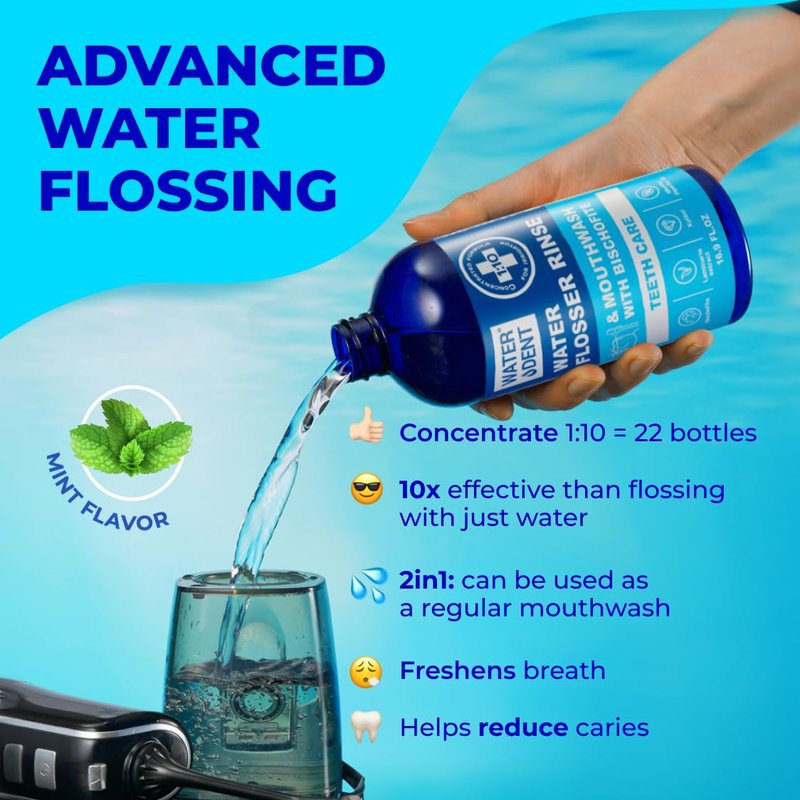 Concentrated Water flosser Rinse & Mouthwash | Add to Oral irrigator | Mint Flavor | When dilluted 186 fl.oz | Alcohol and Fluoride Free| Pack of 1 = 16.9 fl.oz WATER DENT