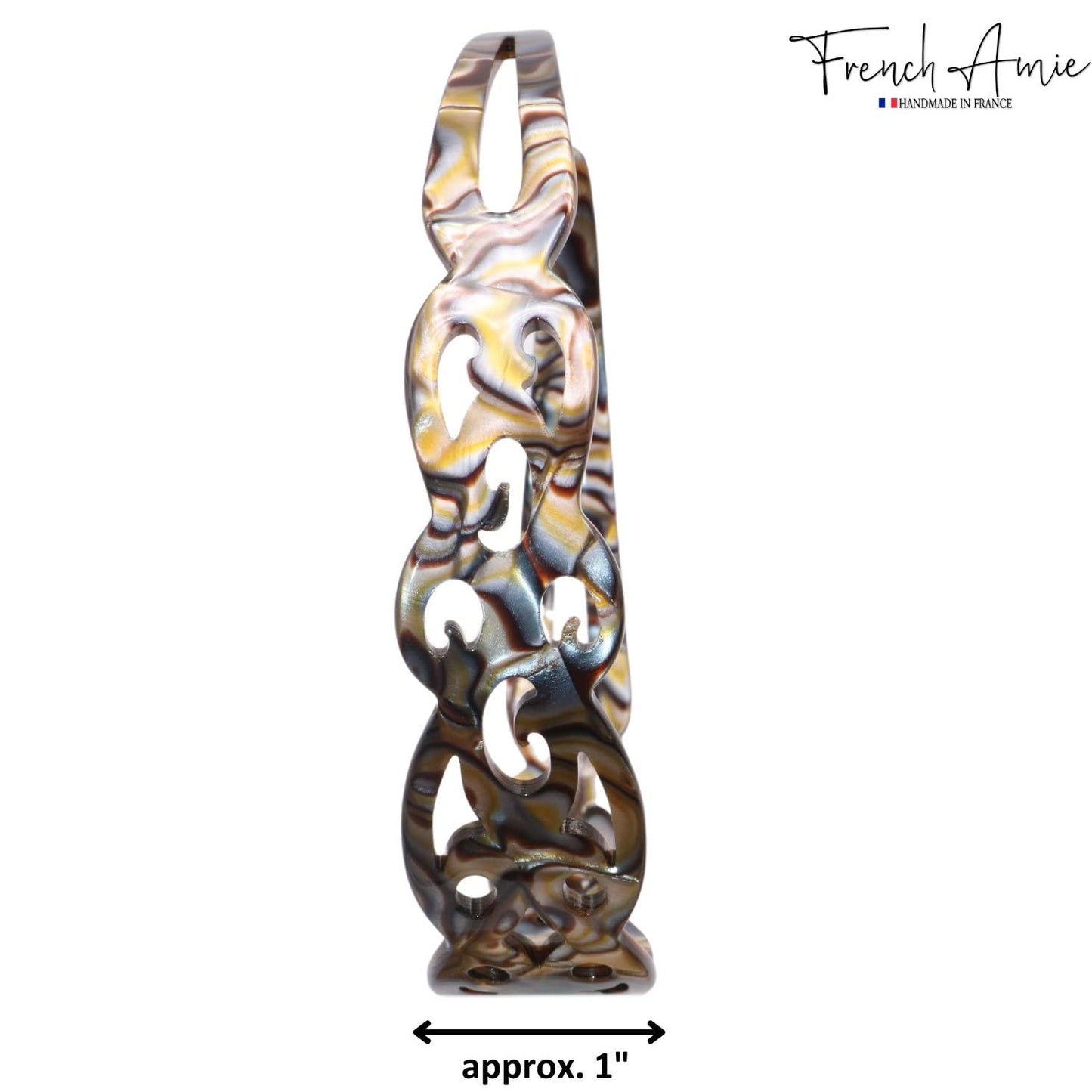 French Amie Filigree Wide 1" Celluloid Acetate Handmade Head bands Fashion Flexible Non Slip Durable Styling Women Hair Accessories, Made in France (Silver Onyx Gray)