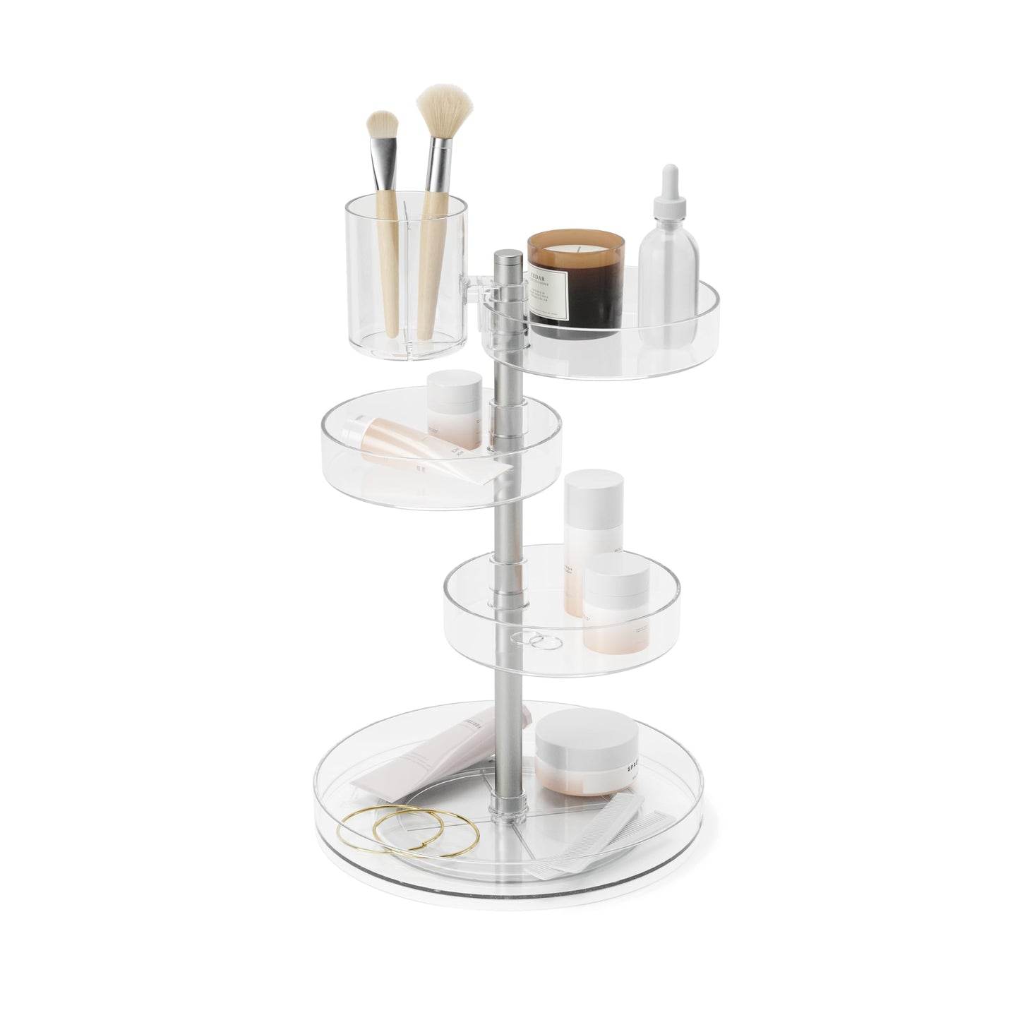 Umbra Pirouette Cosmetic Organizer, Large Capacity Makeup Storage with Adjustable Compartments, Clear/Nickel