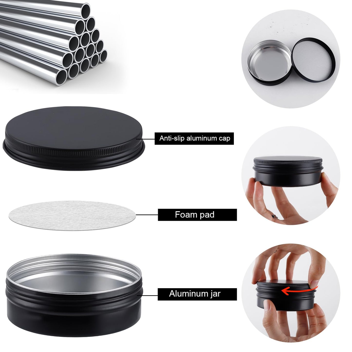 OBKJJ 60 Pack Round Cans with Screw Lid 4 Oz Aluminum Metal Tins DIY Food Candle Containers for Lotion Bars, Balms, Salve, Spices, Beard Balm, Crafts with 4 Markers 2 Sheets Label Stickers