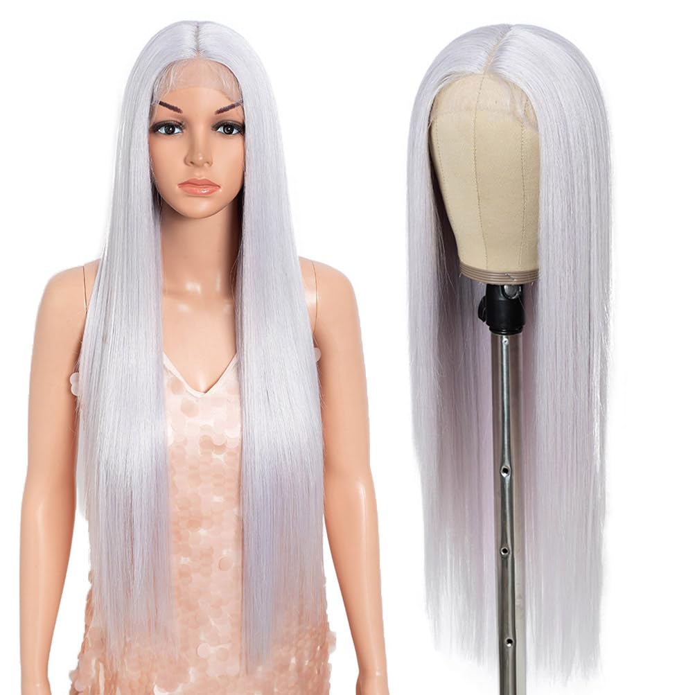 Style Icon 32-Inch Long Straight Wig Mid-Part Lace Front Silky Smooth Synthetic Silver White Purple Color Wig