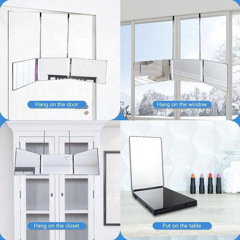 3 Way Mirror for Hair Cutting - LED 360° Trifold with Adjustable Height & 5X Magnification | Black