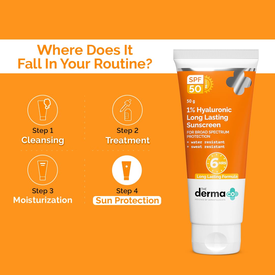 The Derma Co 1% Hyaluronic Long Lasting Sunscreen SPF 50 PA++++ With Hyaluronic Acid & Vitamin E For Broad Spectrum Protection Upto 6H Sun Protection Water & Sweat Resistant No Reapplication Needed