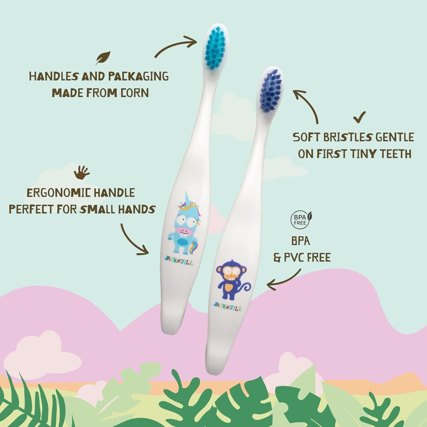 Jack N' Jill Baby & Toddler Toothbrush - Non Toxic Kids Toothbrush, Extra Soft Bristles, Suitable from First Tooth, Plant-Based Handle, for Girls & Boys - Assorted Characters (4 Pack)