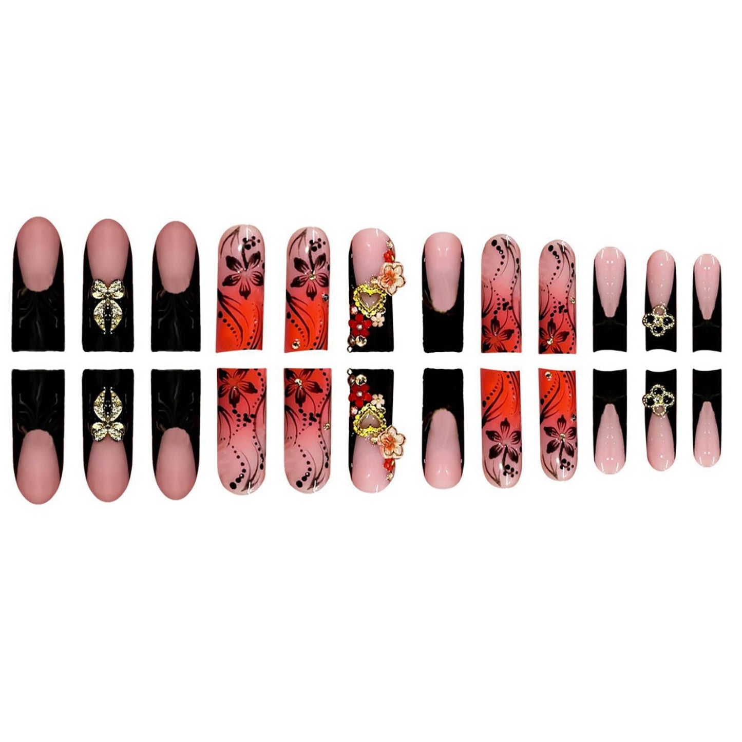 24Pcs Red French Tip Fake Nails Long Square Press on Nails pink Full Cover Glue on Nails with 3D Flower and Rhinestones Designs False Nails Gold Metallic Heart Acrylic Nails for Women