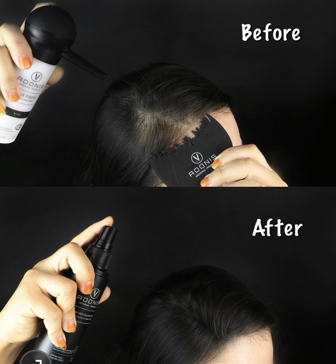 Adonis 5-in-1 Hair Fiber Kit | All-Natural Keratin Fibers, Spray & Applicator for Thinning Hair - Black