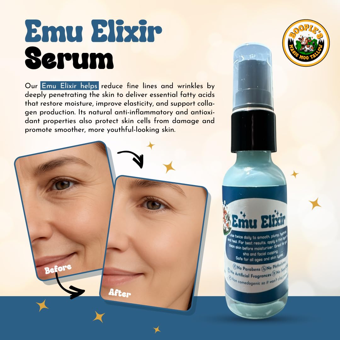 Emu Elixir Serum for hydration, morning and evening moisturizer, facial massage, fine lines and wrinkles, gua sha, cupping, acne, eczema and more. Organic and chemical free emu oil.