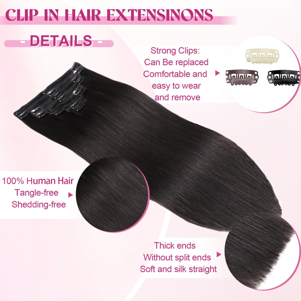 POGINJA Clip in Hair Extensions Real Human Hair, Remy Human Hair Clip in Extensions for Black Women, Invisible Natural Straight Seamless Clip ins Hair Extensions 8pcs Double Weft #1B 16inch 90g