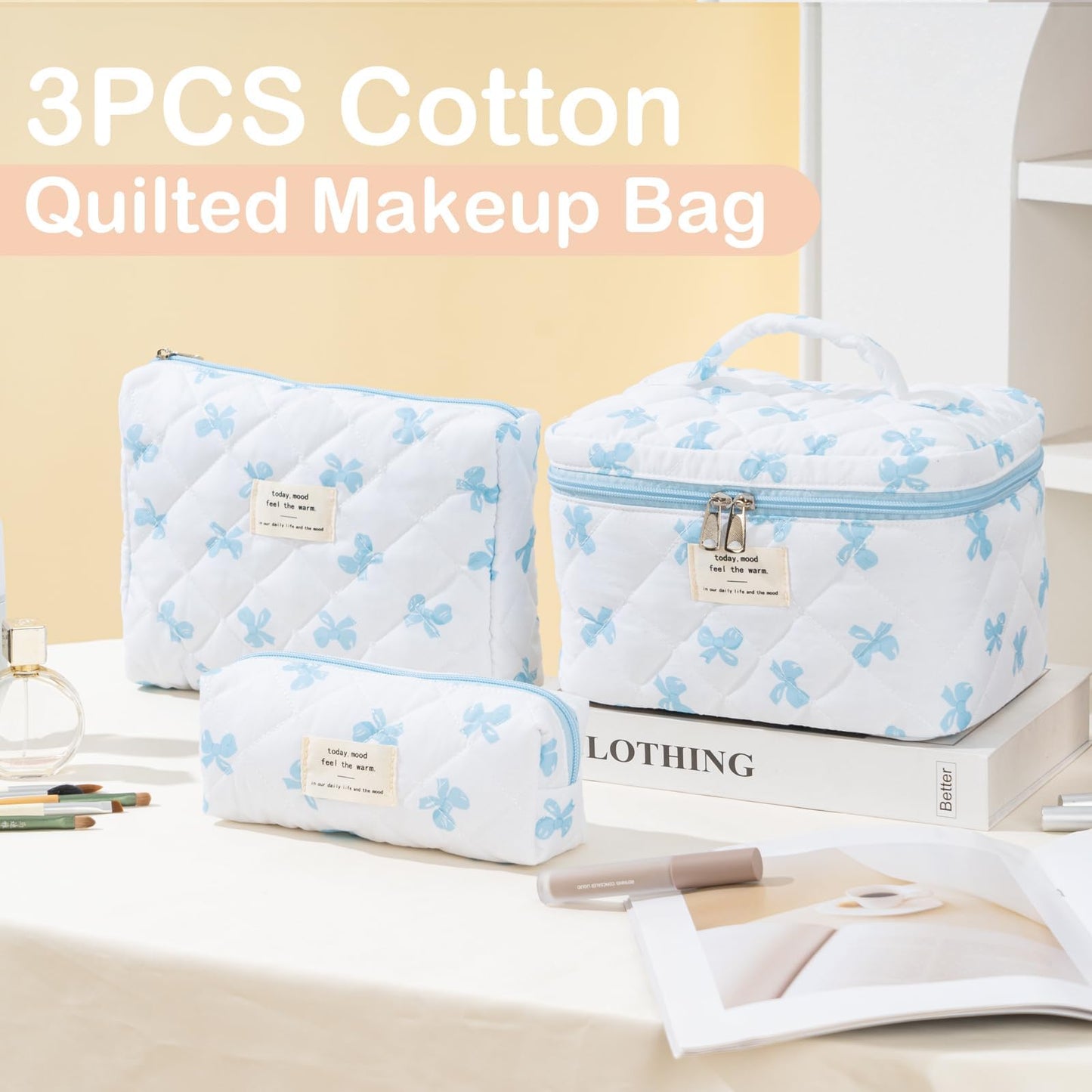 UUYUUY Makeup Bag for Women 3PCS Quilted Cotton Make Up Bag Travel Cosmetic Bag Large Makeup Bag Set Cute Blue Bow Makeups Organizer Floral Toiletry Pouch for Purse