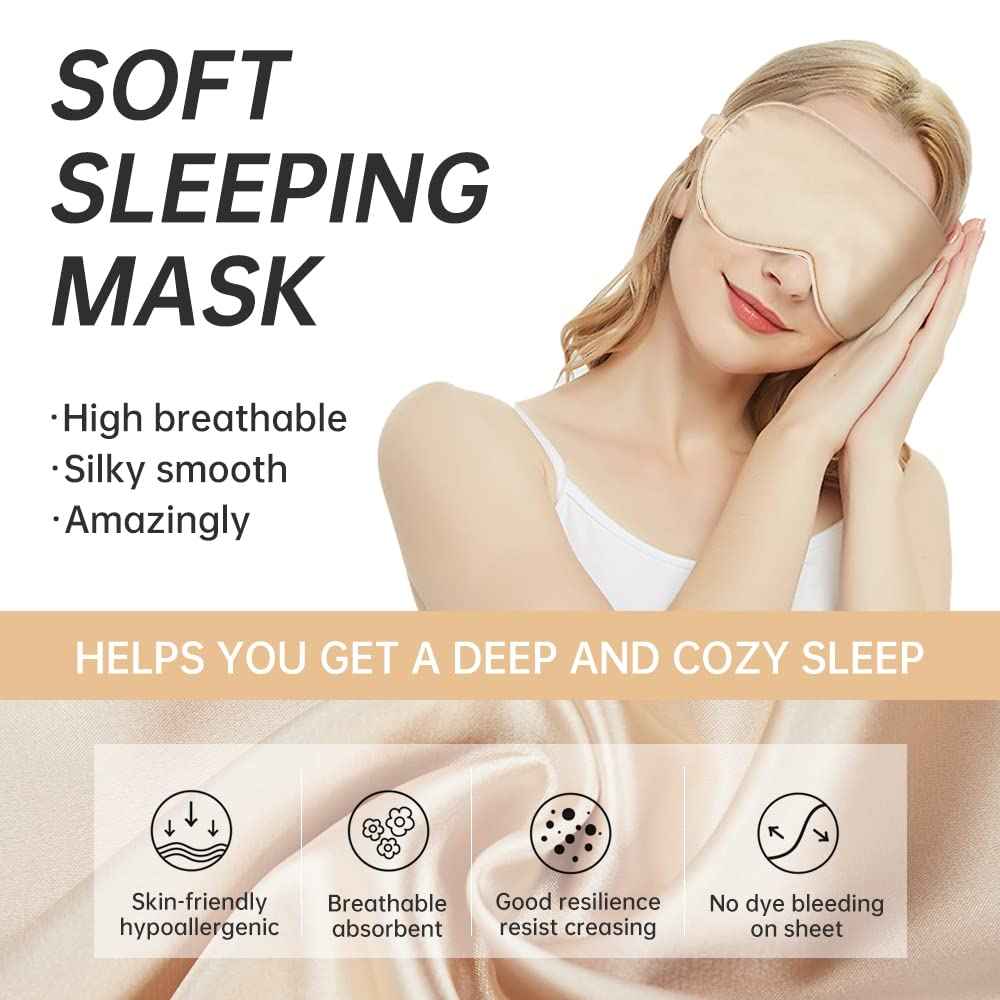 Soft Satin Eye Sleeping Mask and Pillowcase Set Satin Pillowcase and Eye Mask with Scrunchie for Girls (Beige)