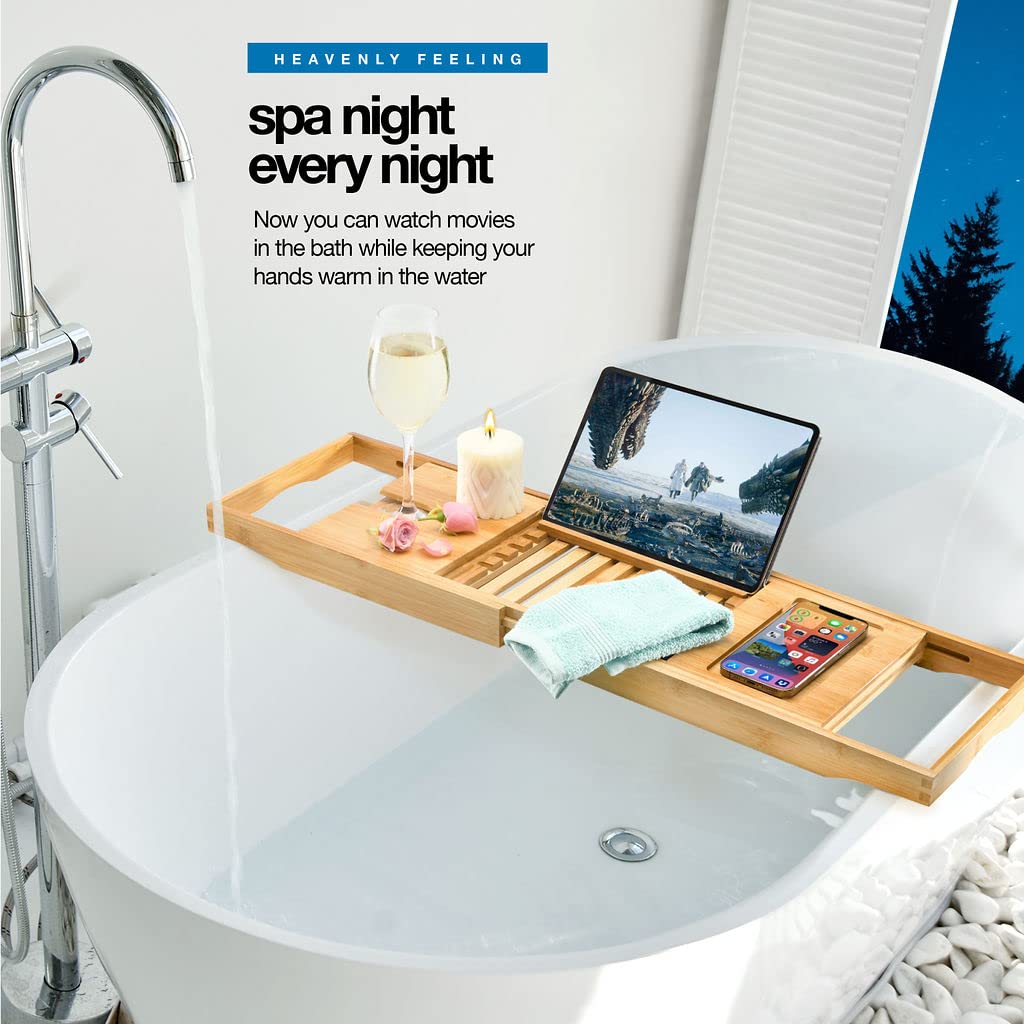 Luxury Foldable Bathtub Tray Caddy - Waterproof Wood Bath Tray for Tub, Expandable Size Fits Most Tubs, Bathroom Accessories for New Home & Mothers, Birthday Gifts for Mom