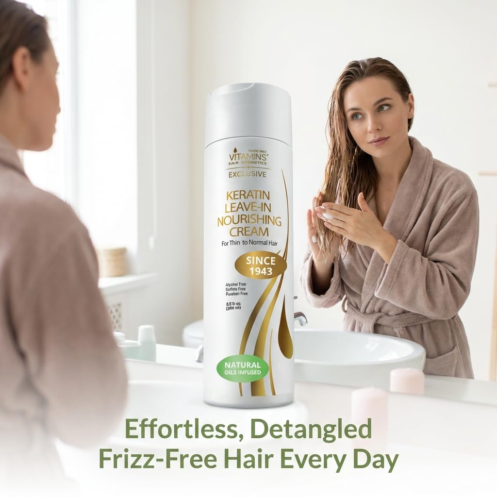 VITAMINS hair cosmetics Keratin Leave In Conditioner for Thin Hair - Lightweight Moisturizer & Hydrating Detangler Cream for Dry Damaged Hair - Frizz Control & Sulfate Free - 8.5 Fl Oz