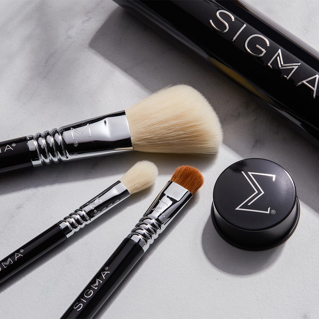 Sigma Beauty Travel Essential Trio - Makeup Brush Set for Foundation Powder Eyeshadow - 3 Tool Brushes with Brush Tin Holder - Skin Safe, Vegan Makeup Brushes for Travel - Black