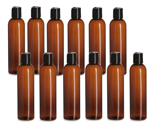 Natural Farms Empty Shampoo Bottles - 8 oz - 12 Pack -Amber Cosmo Empty Black Disc top Squeeze Plastic Bottle- for Essential Oils- Perfumes